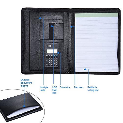 aibecy A4  cuero PU carpeta Bloc de notas con calculadora y cremallera Varios compartimentos multifuncional Business carpeta carpeta de conferencias Portfolio documentos Organizador para Escuela y trabajo