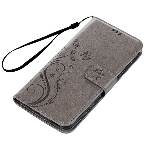 Huawei Y6 II / Y6 2 Hülle Case YOKIRIN Gray PU Leder Flip Tasche Ledercase Cover Wallet Handyhülle Folio Schutzhülle Handytasche Handyschale mit Standfunktion Kredit Kartenfächer Magnetverschluss in Muster:Schmetterling Blumen - 2