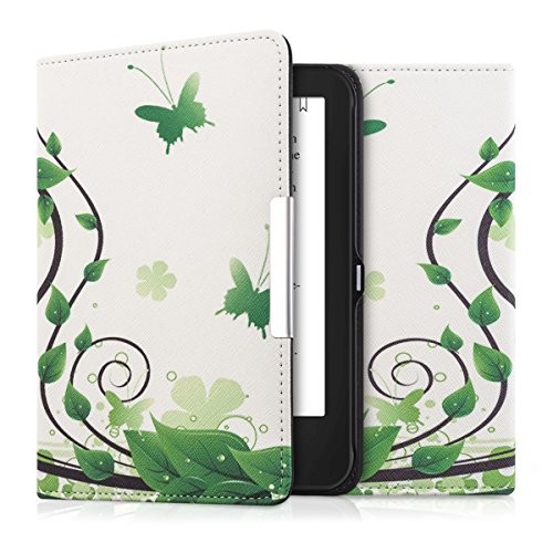 kwmobile Hülle für Tolino Shine 2 HD - Flipcover Case eReader Schutzhülle - Bookstyle Klapphülle Schmetterlinge Blätter Design Grün Weiß
