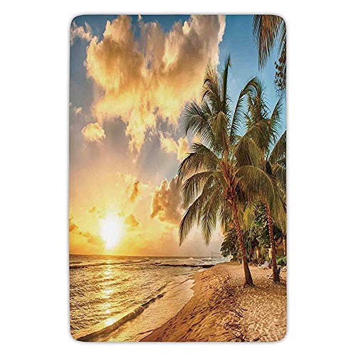 Bathroom Bath Rug Kitchen Floor Mat Carpet,Scenery Decor,Tropic Sandy Beach with Horizon at Sunset and Coconut Palm Trees Summer Photo,Cream Blue,Flannel Microfiber Non-slip Soft Absorbent