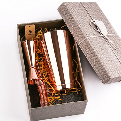 Kupfer Boston Shaker: 4-teilig Set: 550ml&750ml Profi Edelstahl Cocktail Set, Barsieb & Barmaß von Homekeros - 5