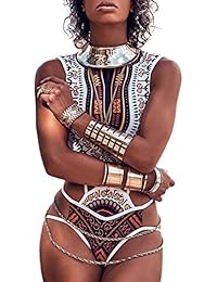 Vandot 2018 Mujer Atractivo Plus Tamaño Africana Impresión Bikini Swimwear Bañador Hueco de Cintura Alta Playa Traje de Baño de Vendaje Una Pieza Monokinis Swimsuit, Multicolor Blanco, Talla Grande XXL