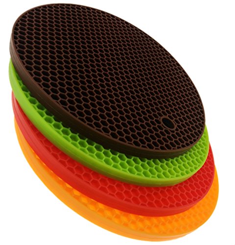 iNeibo Kitchen Runde Bienenwabe topfuntersetzer silikon hitzebeständig -4er Pack- Spülmachinefest- langlebig- 4 Unterschiedliche Farben- Multifunktions: topfuntersetzer, topflappen, topfhalter, topfschoner, Deckelöffner … - 2