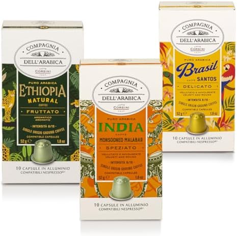 Caffè Corsini - Set Capsule Caffè Compatibili con macchine Nespresso® Viaggio tra i Continenti, 100% Arabica, India, Etiopia, Brasile, 3 Confezioni da 10 (Totale 30 Capsule)