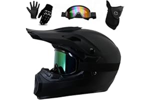 GDAONUDK Youth Adult Electric Dirt Bike Full Face Motorbike Helmet Set for Boys Girls Quad Bikes BMX MTB ATV Offroad Helmet with Goggles Gloves Mask DOT Approved(226 monochrome,L(57-58CM))