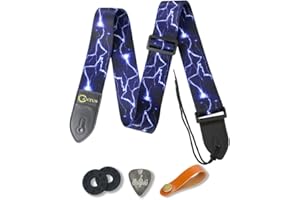 CANTUS Guitar Strap for Bass Acoustic Electric Guitars with 2 Strap Lock Button 1 Headstock band 1 Metal Pick, Blue Lightning Type
