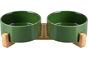 SPUNKYJUNKY Cuenco de cerámica para Perros y Gatos con Soporte de Madera, Juego de Agua y Comida ponderada con Esmalte Brillante Antideslizante (850 ml, Verde Bosque x 2)