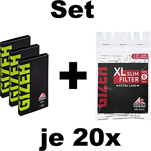 Set Gizeh Black Fine Magnet Zigarettenpapier (20x100) + XL Slim Filter Ø 6mm extra Lang (20x100) Slimfilter