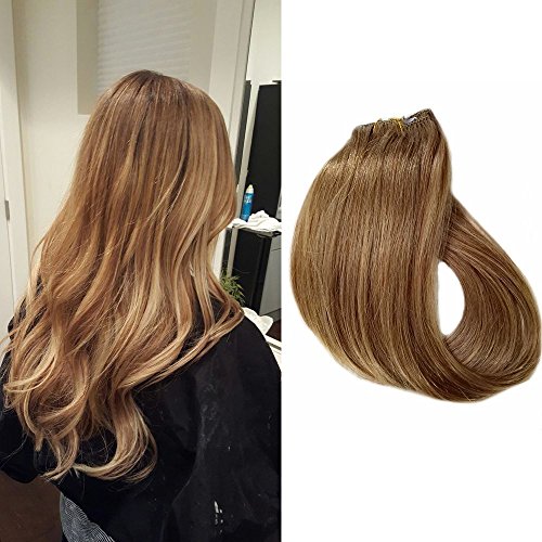 Clip en extensiones de cabello Extensiones verdaderas del pelo humano del 100% Pelo remy para mujeres 7 PCS por juego, Longitud 38cm 45cm 50cm 55cm (55cm, No.8 marrón dorado)