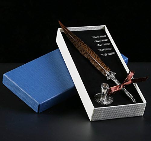 WalkingToSky Antique Feather Pen Stem Metal Writing Quill Pen Set Calligraphy Pen with 4 PCS Nibs
