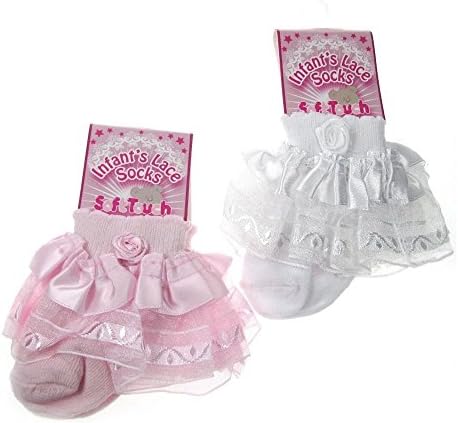 Cute Decorative Baby Girl Frilly Lace Flower Syle Pink White Socks 10% off with TWO or more purchase (Pink, 6-12 Months)