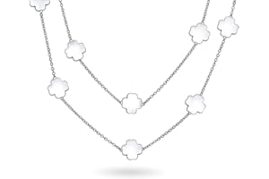 BLING JEWELRY Collier Long De Fleurs Émail Blanc, Rose, Bleu Aqua Et Noir, En Argent Ou En Plaqué Or, Avec Une Chaîne De Stations Émail Nacré, Avec Une Couche De Trèfles Pour Les Femmes De 30 Cm.