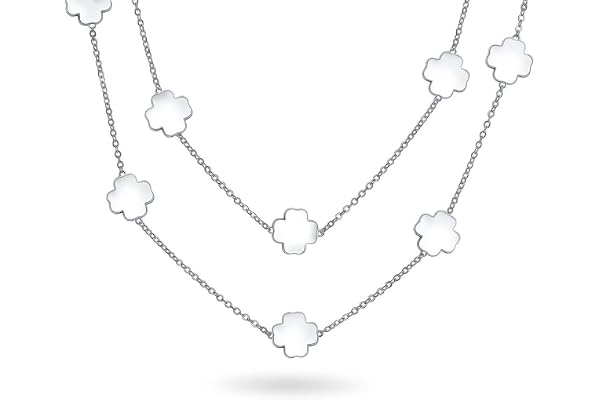 Bling Jewelry Collier Long De Fleurs Émail Blanc, Rose, Bleu Aqua Et Noir, En Argent Ou En Plaqué Or, Avec Une Chaîne De Stations Émail Nacré, Avec Une Couche De Trèfles Pour Les Femmes De 30 Cm.