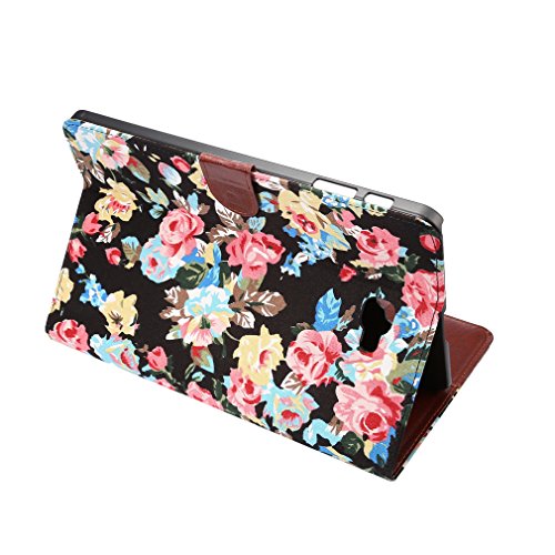 SZHTSWU Kunstleder Tasche für Samsung Galaxy Tab A 10.1 (2016) T580N/T585N, Seitlicher Magnetverschluss Schönem Floralem Blumen Muster PU Leder Tasche Hülle Tablette Case Schutzhülle Flip Wallet Ledertasche mit Kartenfächern und Ständerfunktion für Samsung Galaxy Tab A (2016) T580N / T585N 25,54 cm (10,1 Zoll) Tablet-PC,(Schwarz Blumen) - 5