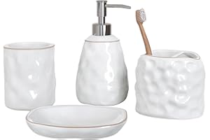 Karisky Bathroom Accessories Set of 4, Farmhouse Ceramic Lotion Soap Dispenser, Toothbrush Holder, Tumbler, Soap Dish for Vanity Countertop Decor, White