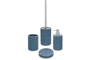 Inbagno Set Bagno Accessori Completo – 4 Pezzi, Kit Accessori appoggio Effetto Pietra Turchese Cobalto, Include Dispenser, portaspazzolini, portasapone e scopino WC, (Set Completo)