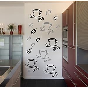 6 Stück Kaffeetassen und 9 Kaffeebohnen Aufkleber Fliesenaufkleber Wandtattoo Aufkleber Fensteraufkleber Möbeltattoo Borte