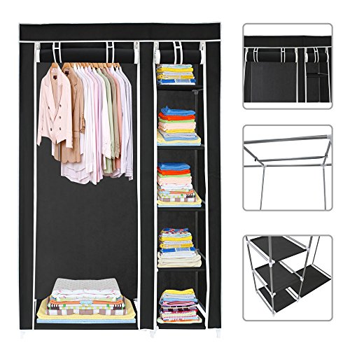 Todeco - Guardarropa, Armario - Material: Tubos de Acero Inoxidable - Tipo de Cierre: Partes de Velcro y Cremallera - 2 Puertas, 172 x 105 x 43 cm, Negro