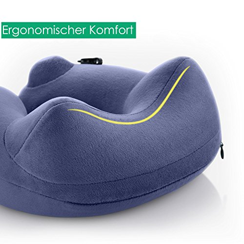 Auxent Aufblasbares Nackenkissen Reisekissen mit Fleece-Bezug, Nackenhörnchen für Zuhause, Büro und Unterwegs im Flugzeug, Bahn, Auto und Bus, Ergonomisches Design, Königsblau - 2
