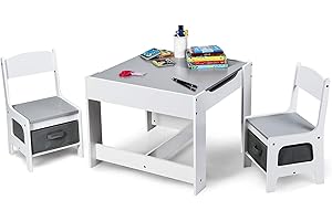COSTWAY Kids Table Chair Set, Double Side Tabletop Table and 2Pcs Chairs with Storage Box, Activity Desk Nursery Wooden Multifunction Furniture (Grey)