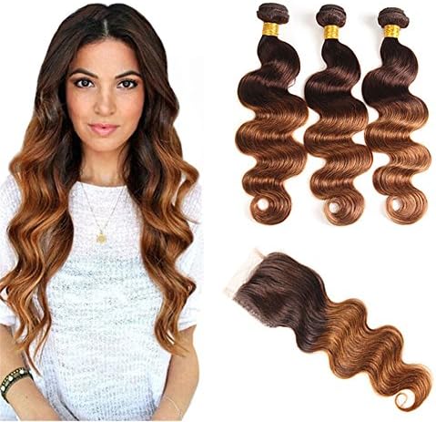 Ombre Brazilian Virgin Hair Body Wave With Lace Closure, Elees Hair Remy Human Hair 2 Tone, Ombre Hair Extensions Weave Weft With Mixed Length High Quality 7A Grade (20 22 24+18, T4/30)