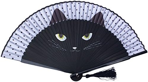 FANSOF.FANSGenuine Original Cat-women Halloween Costumes Cat Hand Fan Hand Painted Chinese Japanese Folding Bamboo Flower Wooden Hand Fan Black HQF19