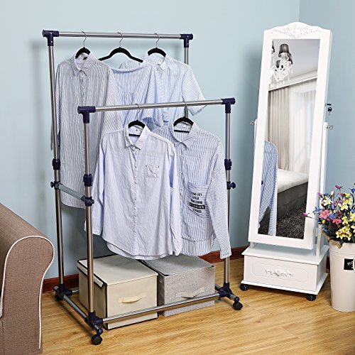 Songmics Doppel Stange Kleiderständer mit Rollen Höhe 100-165 cm, Edelstahl plattierte Rohre LLR03L - 2