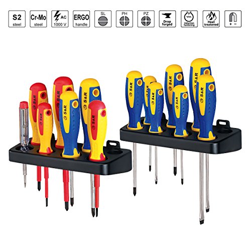 S&R Schraubendreher Set 14-tlg. Kraftform-Griff, SL-PH-PZ, Spannungsprüfer, zwei Racks.Profi-Qualität