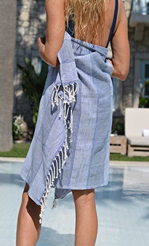 Fouta Hamamtuch xl ‚Tezzy‘ | Leichtgewicht Strandtuch xl | 95x190cm | Exklusiv durch die melierte Baumwolle, die schönen Farbe und das hübsche Webemuster | Hochwertige Qualität, handgewebt, knitterfrei | Hamam Badetuch, Saunatuch | (Blau) - 2