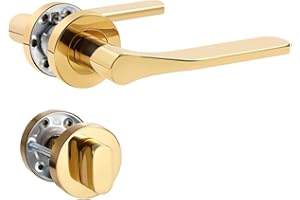 SORWDUERM Poignée de porte dorée en acier inoxydable mat - Poignée de porte pour porte d'entrée et porte intérieure - En forme de L - Avec rosace ronde