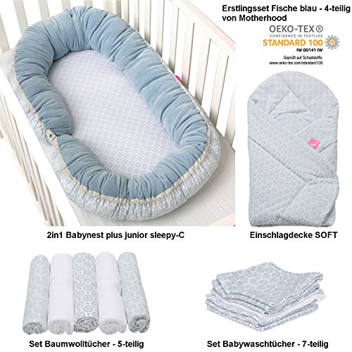 Preisvergleich Produktbild Erstlingsset Motherhood, Geschenk zur Geburt Junge - Fische blau