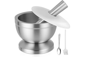 LEAZZLE Set di Mortaio con Pestello da 350 ml in Acciaio Inox con Spazzola, Cucchiaio e Coperchio in Silicone, Macinino per Spezie di Qualità Superiore, Frantumatore e Ciotola per la Vaniglia