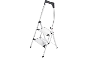 ‎HAILO Hailo K100 Topline Alu-Klapptritt-Leiter - 2 extra große Stufen bis 150kg - Komfort-Trittleiter mit hochgeschwungenem Sicherheitsbügel & Ablageschale - Füße mit Soft-Grip-Sohle - rostfrei - Silber