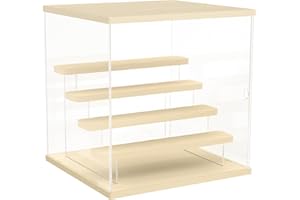 Nynelly 5-Tier Clear Acrylic Display Case Display Box Display Stand with Door,Countertop Display Case for Collectible Mini Action Figure,Dustproof Storage Organizer(Wood Top,Base,Step)