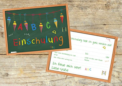 15 Einladungskarten Einschulung Schulanfang Schulbeginn 1. Schultag / Einladungen Zuckertüte Schultüte Schulkind ABC-Schütze Mädchen Jungen Kinder Schule Tafel Schuleinführung Schuleingang - 6