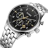 BUREI Chronograph Herren Uhren Schwarz Quarz Handgelenk Uhren mit Multifunktions Analog Zifferblatt und Edelstahl-Armband (Weiß1)