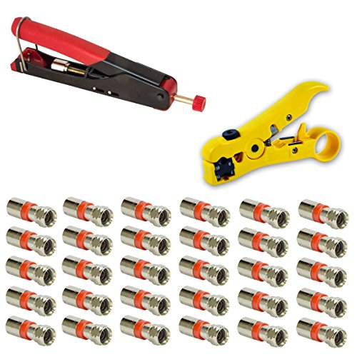 Preisvergleich Produktbild Kompressionszange mit wasserdichter Steck-Klemmtechnik Crimpzange Zange + Universal Abisolierwerkzeug Abisolierer + 30x XCon S2 F-Kompressionstecker für 7 - 7,5mm SAT Kabel Koaxialkabel koax Kabel