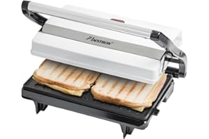 Bestron Piastra Tostapane, Griglia per panini con vassoio di raccolta, macchina per panini con impugnatura cool-touch e rivestimento antiaderente, 700 watt, Colore: Bianco