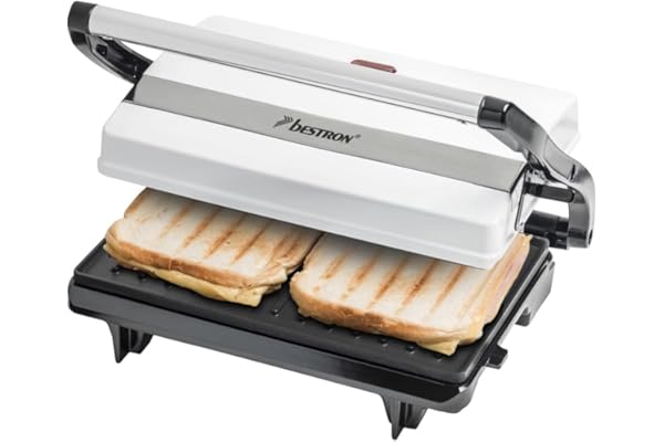 Bestron Machine a panini avec bac de récupération, Appareil panini avec poignée Cool-Touch, Paninimaker avec revêtement antiadhésif, 700 Watt, APM123W, Couleur: Blanc
