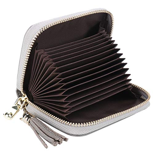 Freelynn Tarjeteros para Tarjetas de Credito Piel Mujer con Bloqueo RFID Cartera Tarjetero de Cuero con 15 Ranuras para Tarjetas y Moneda Monederos con Borlas - Gris