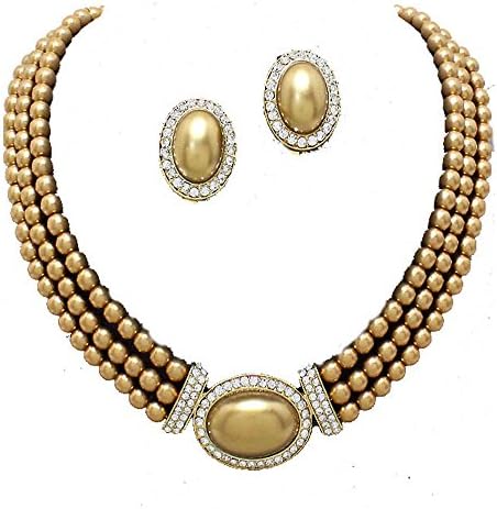 Glitzy Glamour - three row gold pearl necklace set with CLIP ON earrings