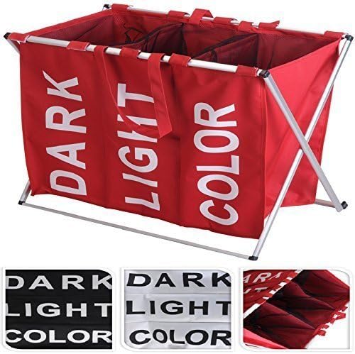 Large Laundry Bag Washing Basket 3 Section Clothes Storage Bin Hamper With Metal Folding Stand (White)