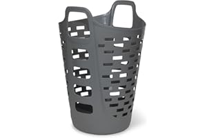 Clorox Flexible Laundry Basket - Tall Plastic Hamper for Clothes, Bedroom, and Storage - Portable Round Bin with Carry Handles, 2 Bushel, Grey
