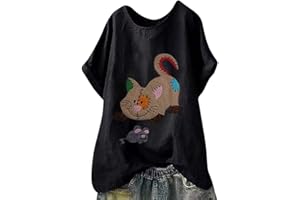 TIMEMEAN Haut Femme Shirt Graphique Drôle à Manches Courtes Et Col Ras du Cou De Grande Taille Chat De Dessin Animé Mignon Attraper des Chemises en Lin De Coton De Souris