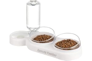 SPEEDY PANTHER Zestaw misek dla kota z możliwością pochylenia 15°, podwójna miska na karmę na mokrą i suchą, z automatyczną butelką na wodę, dla małych i średnich psów i kotów