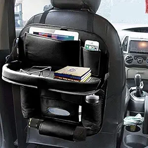 Aksmit 3D Car Back seat PU Leather Car Storage Organizer with Meal Tray and 9 Storage Pockets-Black for All Cars/Universal Fit