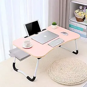 Tarkan Foldable Wooden Mini Laptop Table for Bed, Study Table with Drawer, Tablet/Mobile Holder for Kids & Adults (Pink)