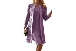 GOOLECRIMP Mujeres Elegante Dos Piezas Traje de Trabajo Conjunto Vestido Sin Mangas Liso y Encaje Hollow out Cardigan Conjunto de Vestido de Fiesta de Novia