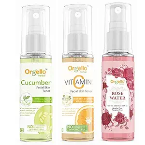 Orgello herbal Rose Water Spray for Face Gulab jal (100 ml ) | Cucumber Toner Mist Spray for Face (100 ml ) + Vitamin C Facial Skin Toner (100 ml ) - Pack Of 3 - for men women girls boys