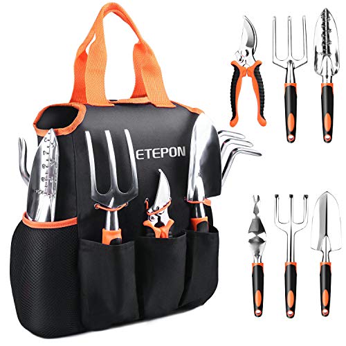 ETEPON Jardinería Herramientas de 7 Piezas, 2pcs Pala, Rastra, Horquilla, Weeder, Podadera, Bolsa de Tela. Kit de Jardinería Aleación de Aluminio, Mango Antideslizante de Goma Suave